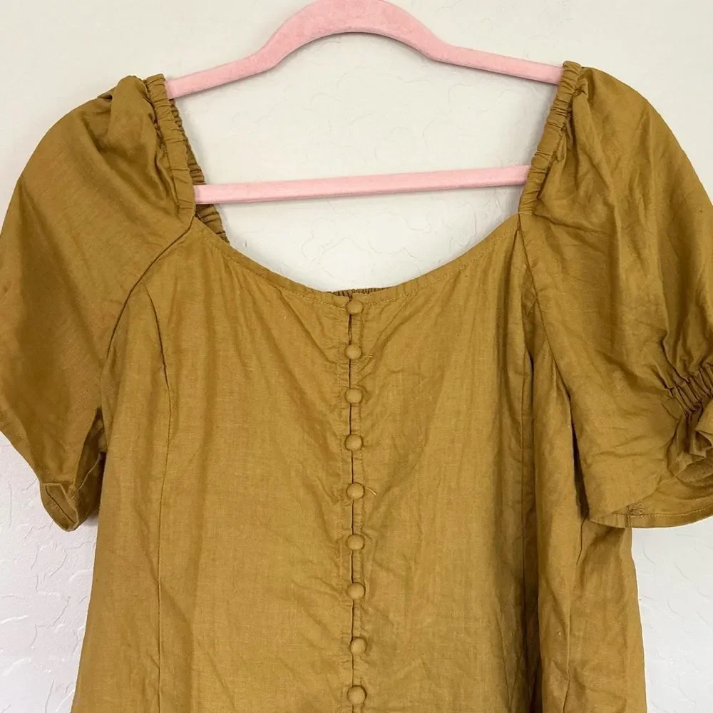 Madewell Button Front Smocked Back Hemp Puff Sleeve Top Bronze Yellow Size 6